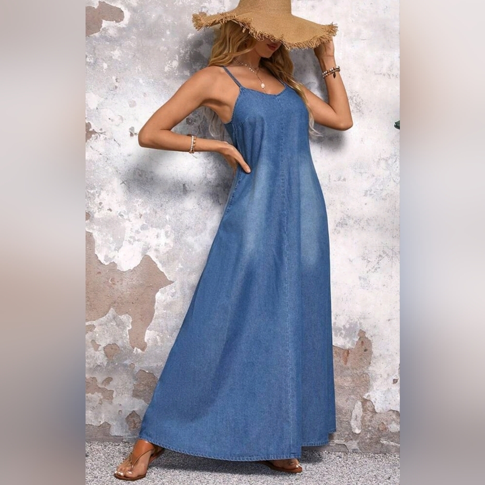 New Casual Woven Cotton Denim Cami Jumper Dress Blue - Picture 4 of 9